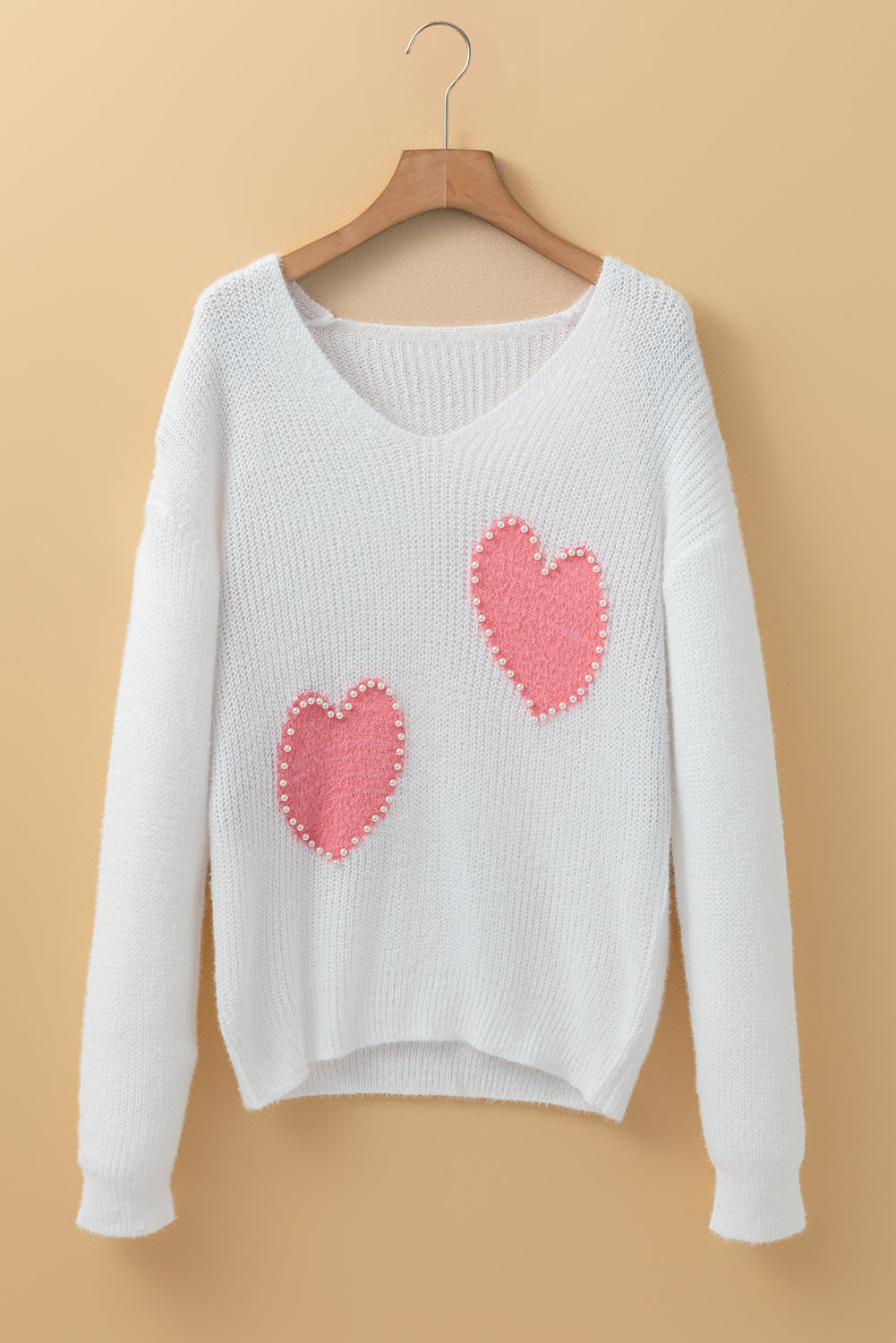 White Pearl Beaded Heart Pattern Fuzzy V Neck Sweater Sweaters JT's Designer Fashion