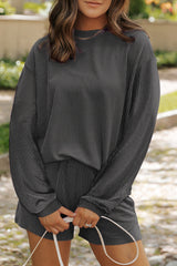 Carbon Grey Corded Knit Long Sleeve Top and High Waist Shorts Set Carbon Grey 75%Polyester+20%Viscose+5%Elastane Short Sets JT's Designer Fashion