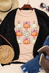 Khaki Bowknot Ghost Pumpkin Graphic Halloween T Shirt Graphic Tees JT's Designer Fashion