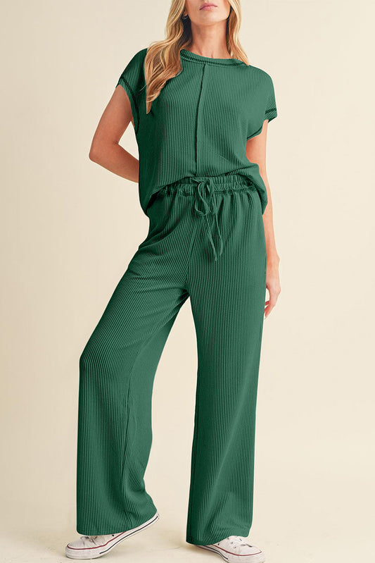Blackish Green Solid Color Corded Short Sleeve Top and Casual Pants Set Pant Sets JT's Designer Fashion