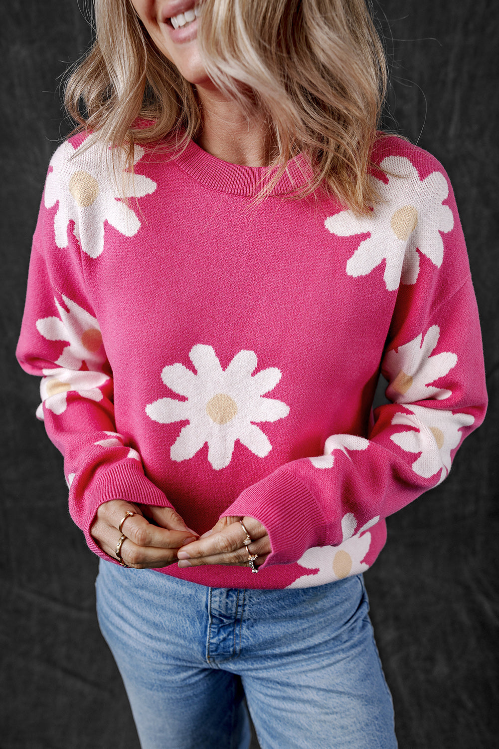 Bright Pink Daisy Flower Crew Neck Long Sleeve Sweater Sweaters JT's Designer Fashion