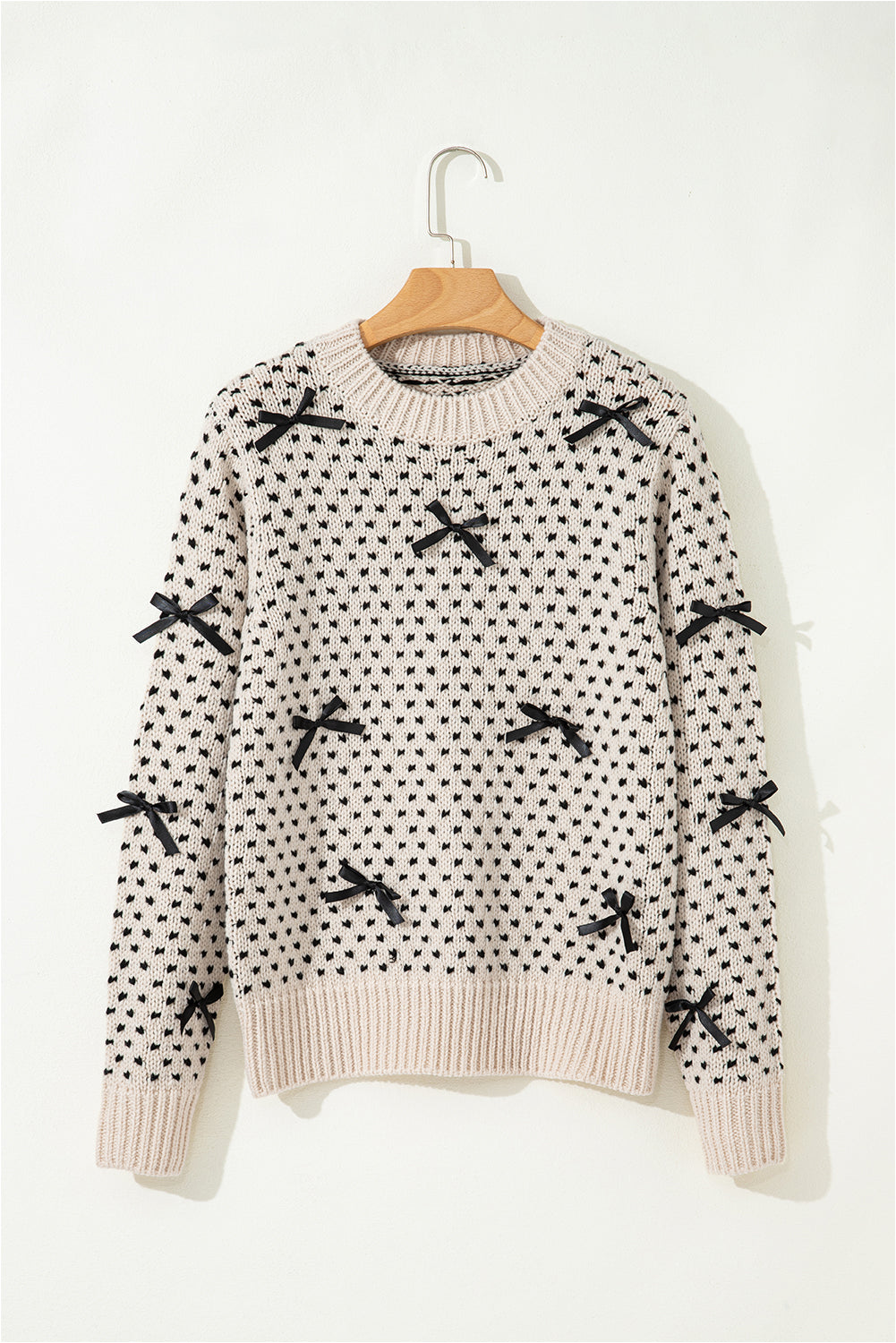 Beige Bow Decor Color Contrast Ribbed Edge Crew Neck Sweater Sweaters JT's Designer Fashion