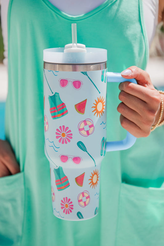 Light Blue Beach Day Fun Pattern Cup with Handle 40oz Tumblers JT's Designer Fashion