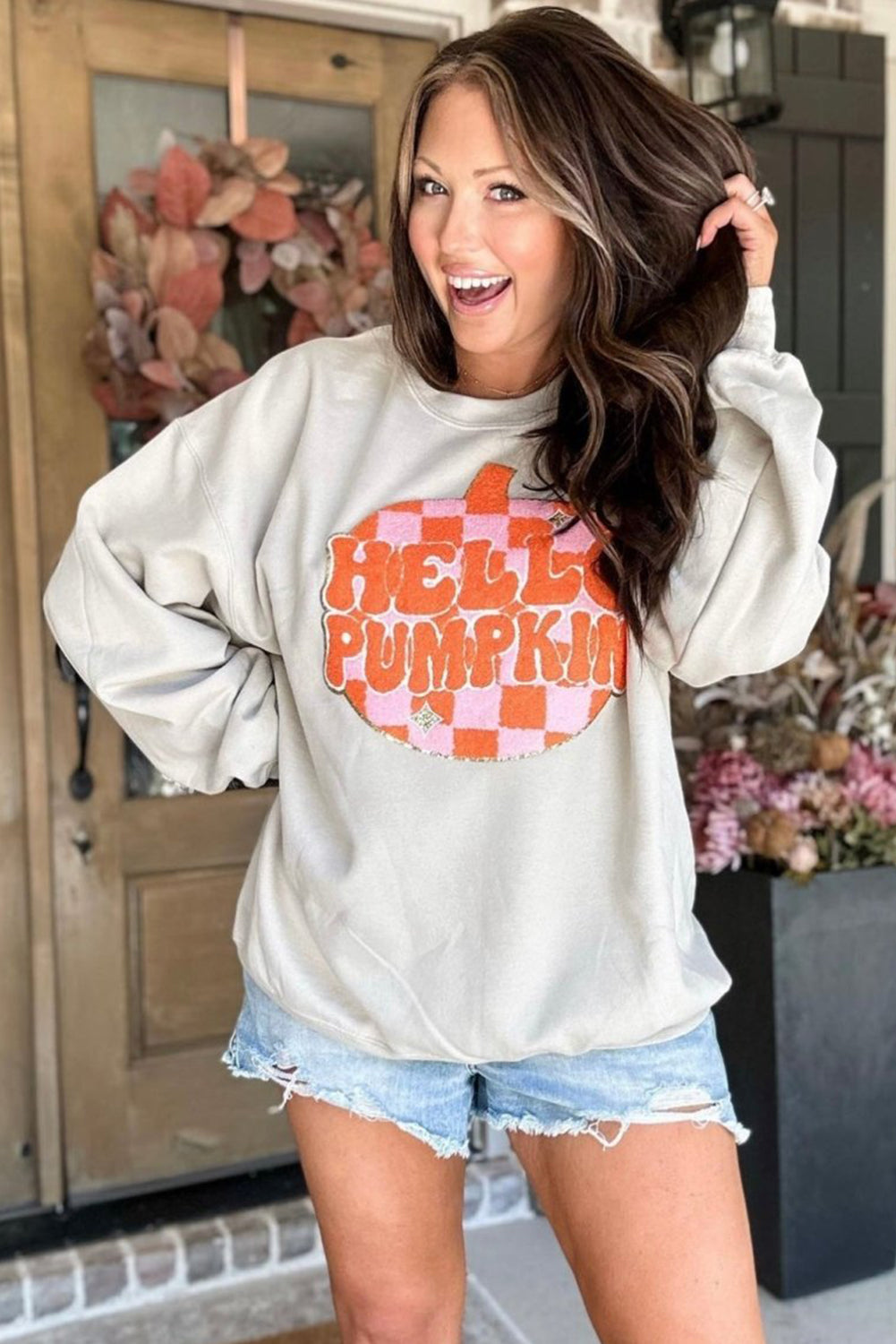 White Terry Halloween Pumpkin Patched Pattern Pullover Sweatshirt Sweatshirts & Hoodies JT's Designer Fashion