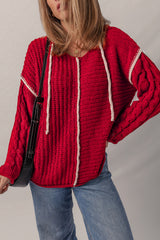 Racing Red Color Contrast Trim Textured Knit Drawstring Hooded Sweater Sweaters JT's Designer Fashion