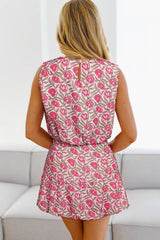 Pink Floral Print Puffy Cropped Tank and Mini Skirt Set Two Piece Dresses JT's Designer Fashion