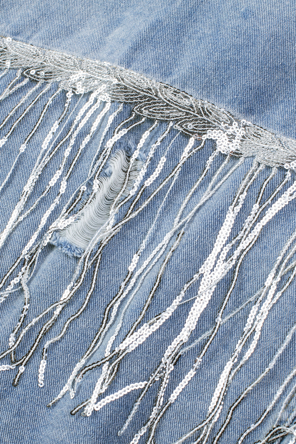 Sky Blue Sequin Embellished Fringe Distressed Denim Jacket Denim Jackets JT's Designer Fashion