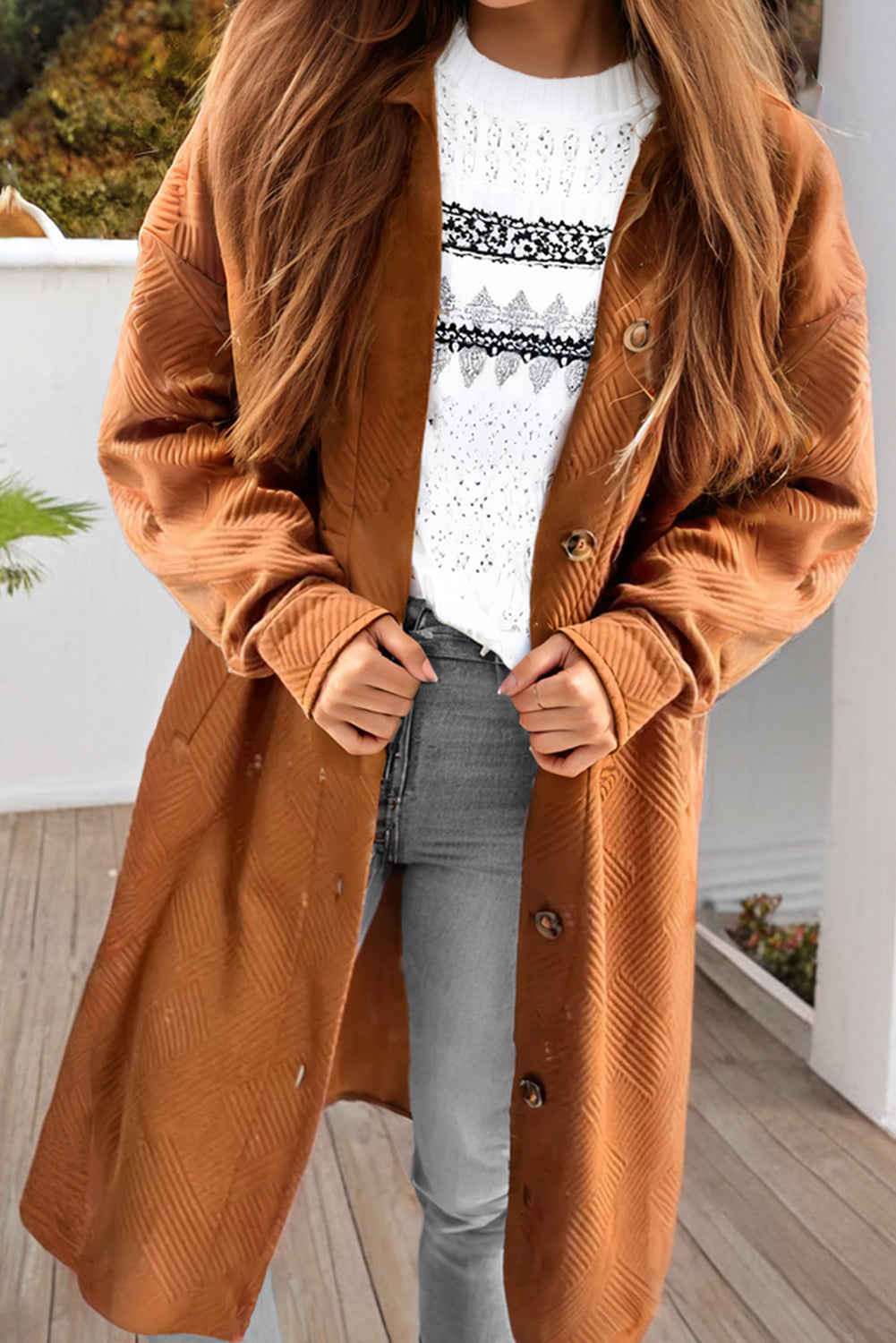 Gold Flame Textured Collared Drop Shoulder Buttoned Front Duster Coat Coats JT's Designer Fashion