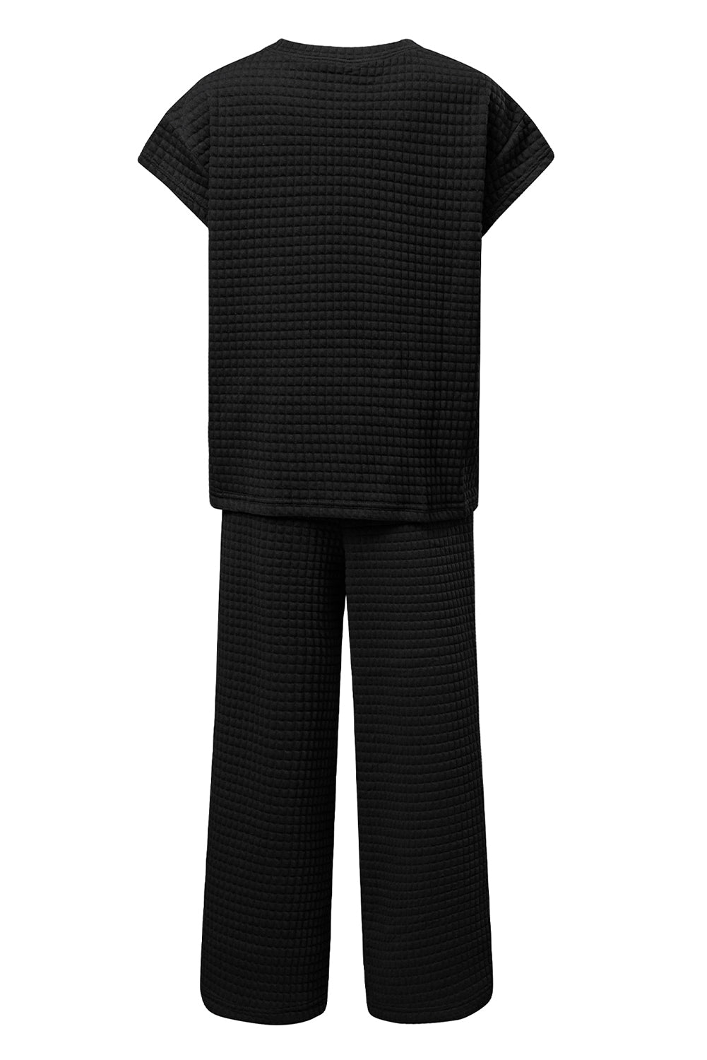 Black Solid Color Textured Short Sleeve Top and Casual Pants Set Pant Sets JT's Designer Fashion
