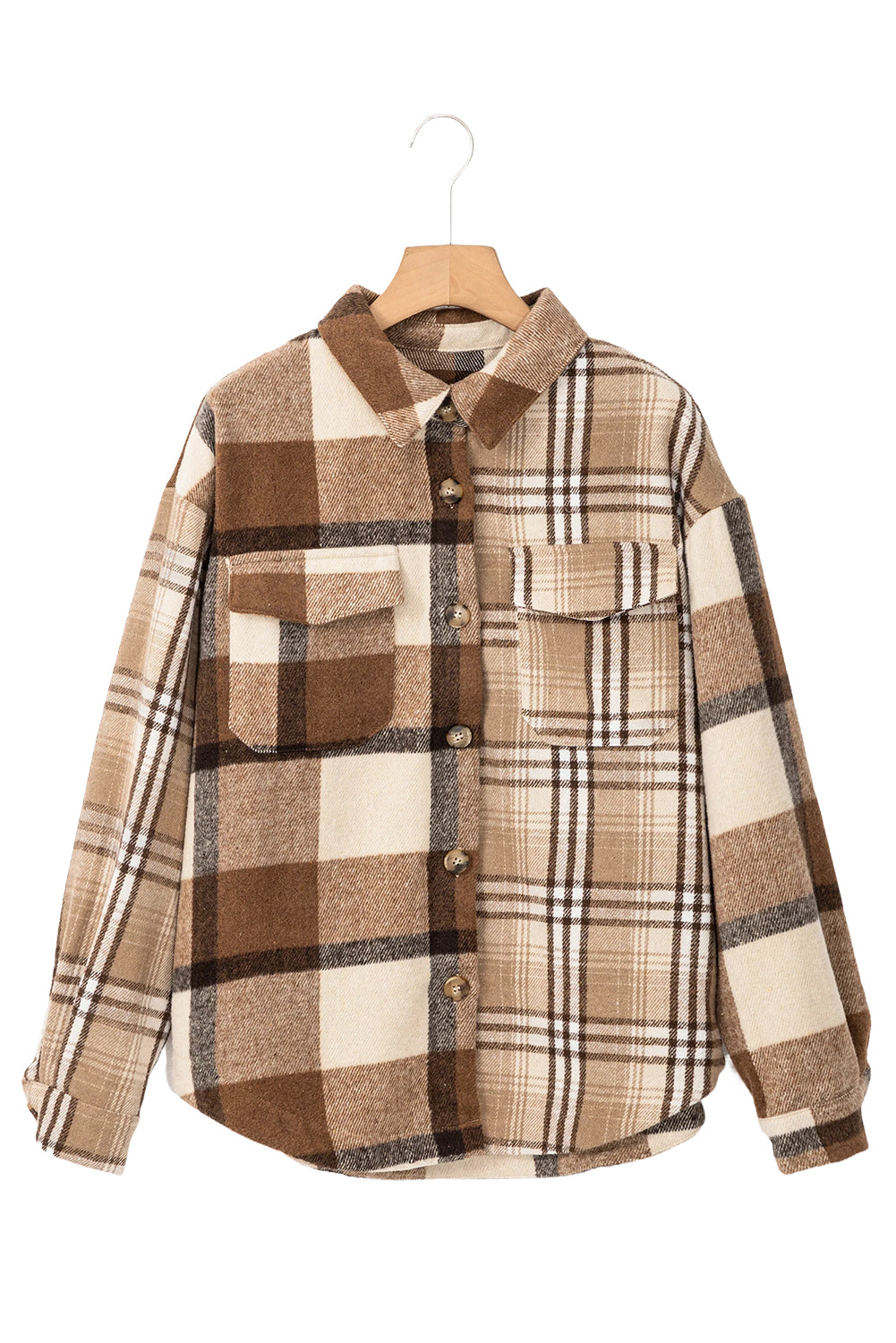 Light French Beige Flannel Plaid Double Flap Pocket Shacket Plaid Shackets JT's Designer Fashion