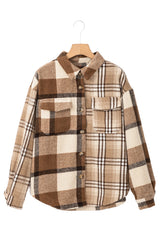 Light French Beige Flannel Plaid Double Flap Pocket Shacket Plaid Shackets JT's Designer Fashion