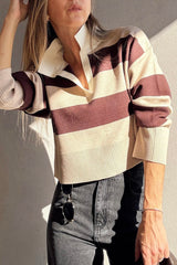Brown Ribbed Trim Color Block Knitted Polo Collar Sweater Brown 52%Viscose+26%Polyester+22%Polyamide Sweaters JT's Designer Fashion