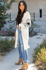Beige Flower Embroidered Drop Shoulder Open Front Duster Cardigan Cardigans JT's Designer Fashion