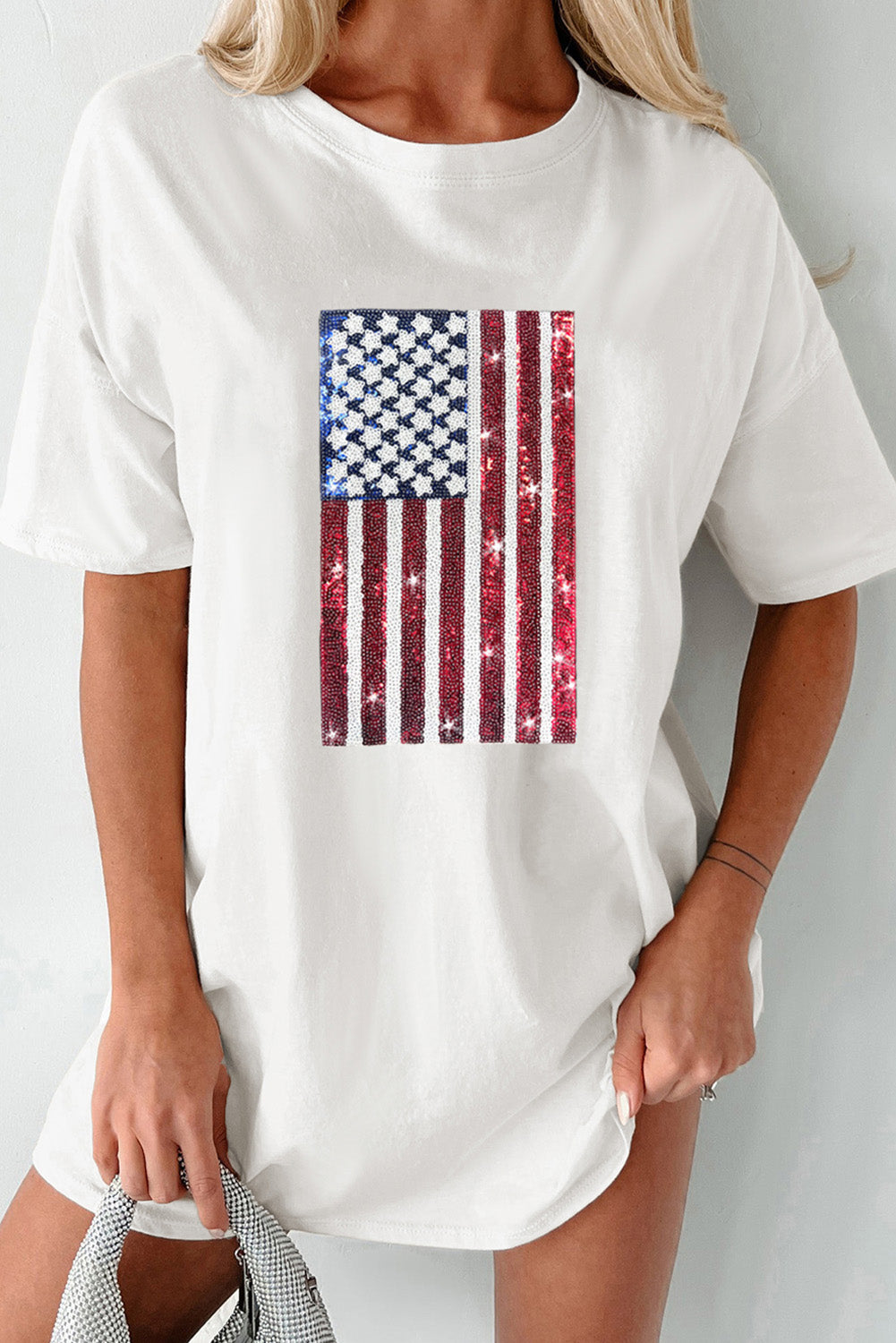 White Sequined American Flag Crewneck Oversized Tee Graphic Tees JT's Designer Fashion