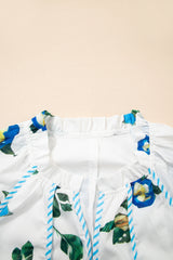 White Plus Size Floral Short Puff Sleeve Contrast Tie V Neck Dress Plus Size Mini Dresses JT's Designer Fashion