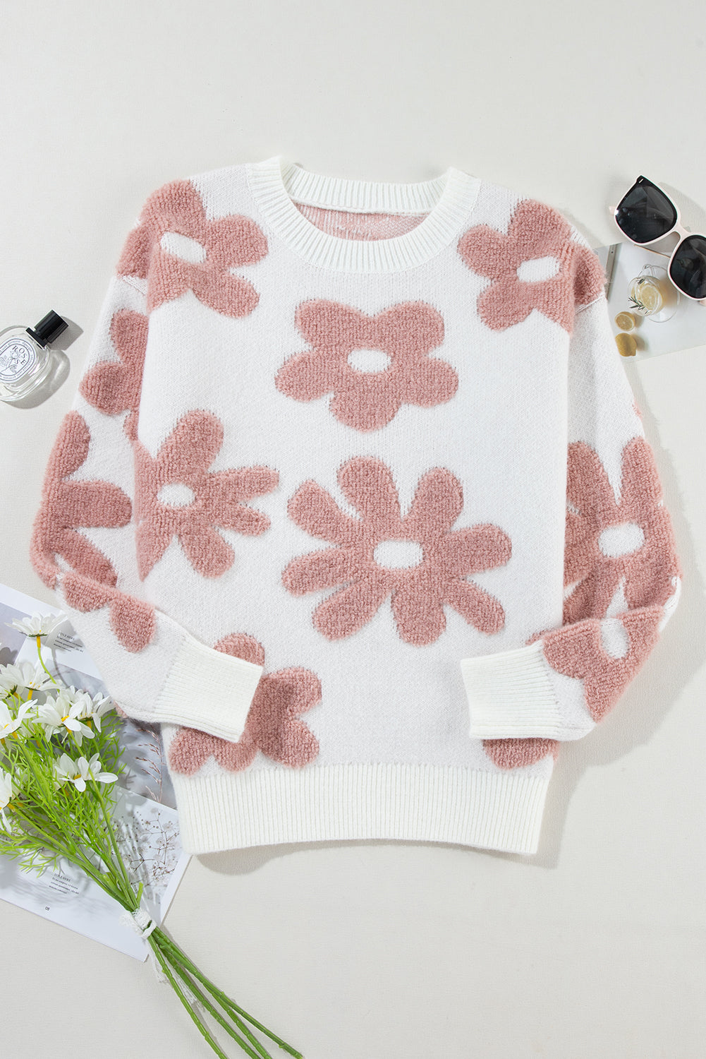 White Textured Flower Drop Shoulder Loose Sweater Sweaters JT's Designer Fashion