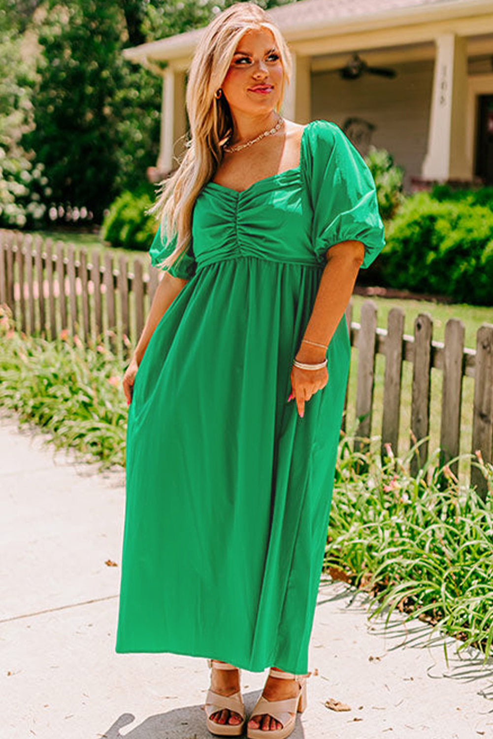 Bright Green Ruched Front Puff Sleeve Plus Size Long Dress Plus Size Maxi Dresses JT's Designer Fashion