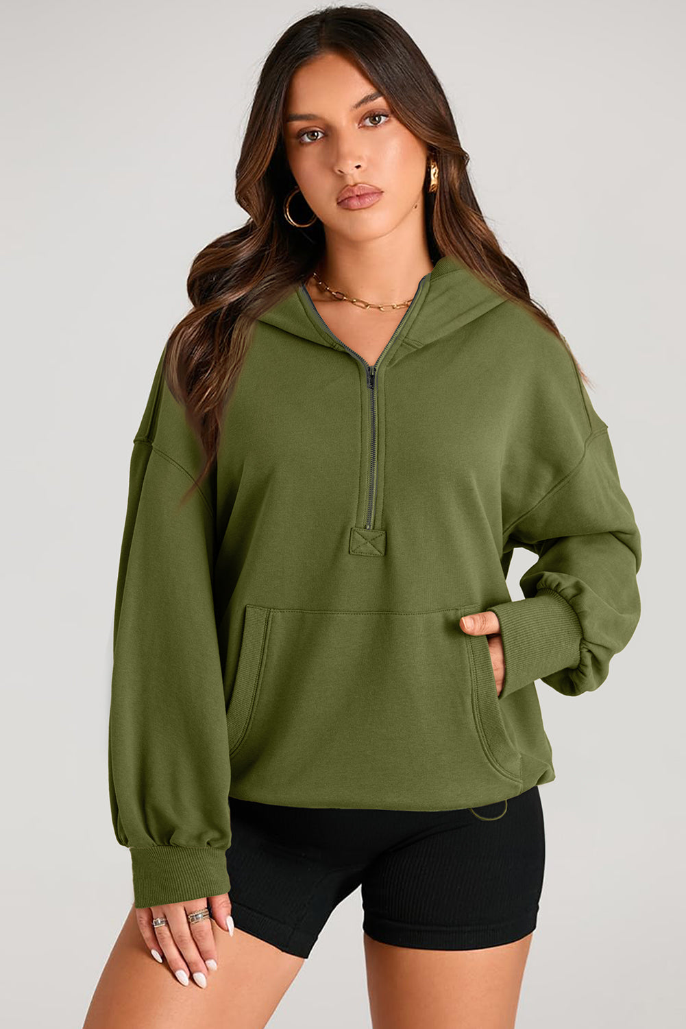 Moss Green Solid Kangaroo Pocket Half Zipper Oversized Hoodie Sweatshirts & Hoodies JT's Designer Fashion
