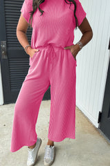 Bright Pink Solid Corded Knit Short Sleeve T Shirt and Wide Leg Pants Set Pant Sets JT's Designer Fashion