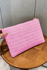 Rose Red Straw Woven Wrist Strap Zipper Large Wallet Handbags JT's Designer Fashion