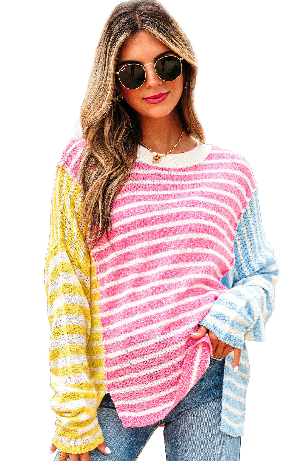 Multicolour Color Block Striped Patchwork Dolman Sleeve Slit Sweater Sweaters JT's Designer Fashion