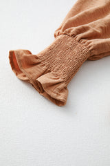 Straw Yellow Solid Color Shirred Cuff Notch V Neck Blouse Blouses & Shirts JT's Designer Fashion