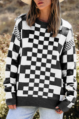 Black Checkered Print Drop Shoulder Round Neck Sweater Sweaters JT's Designer Fashion