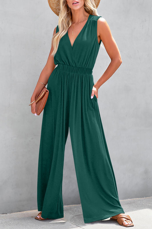 Blackish Green Deep V Pleated Crisscross Wide Leg Backless Jumpsuit Blackish Green 65%Viscose+30%Polyester+5%Elastane Jumpsuits & Rompers JT's Designer Fashion