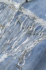 Sky Blue Sequin Embellished Fringe Distressed Denim Jacket Denim Jackets JT's Designer Fashion