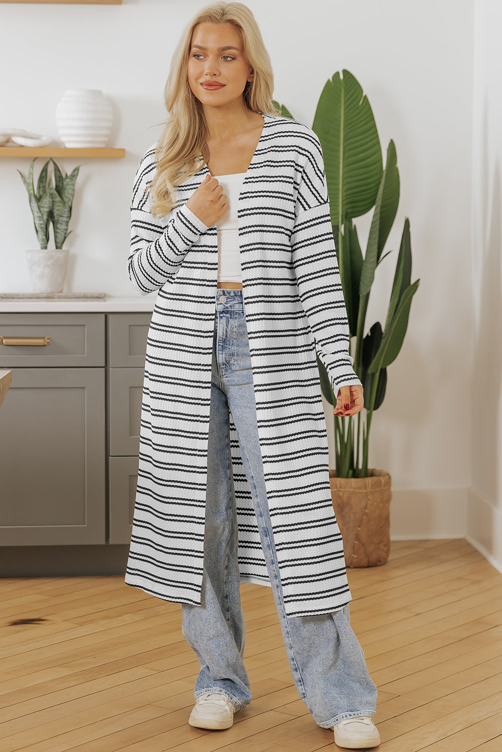 Black Stripe Print Open Front Duster Cardigan Cardigans JT's Designer Fashion