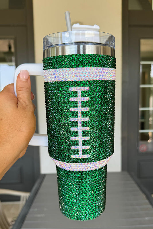 Dark Green Rhinestone Rugby Football Handle Vacuum Cup 40oz Tumblers JT's Designer Fashion