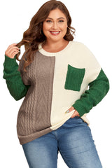 Mist Green Plus Size Cable Knit Color Block Drop Shoulder Sweater Plus Size Sweaters & Cardigans JT's Designer Fashion