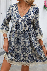 Sky Blue Vintage Printed Lace Trim V Neck 3/4 Sleeve Loose Dress Mini Dresses JT's Designer Fashion