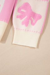 Pink Bowknot Checkered Pattern V Neck Drop Shoulder Button Up Cardigan Cardigans JT's Designer Fashion