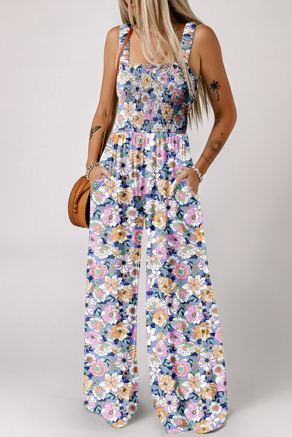 Purple Floral Print Smocked High Waist Square Neck Jumpsuit Dresses JT's Designer Fashion
