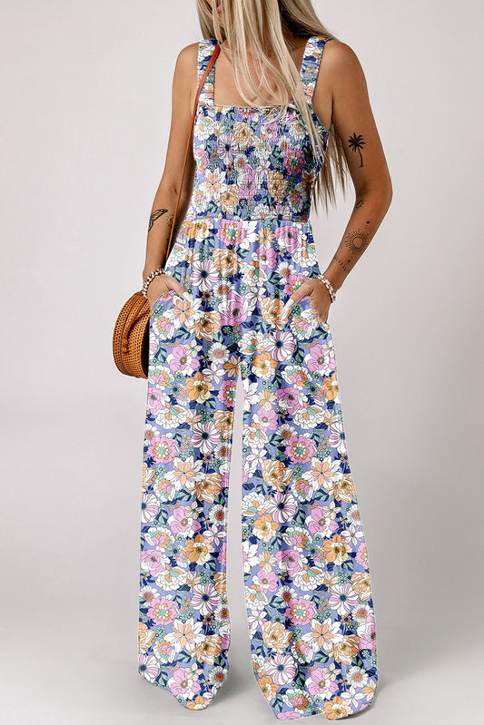 Purple Floral Print Smocked High Waist Square Neck Jumpsuit Dresses JT's Designer Fashion