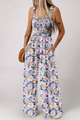 Purple Floral Print Smocked High Waist Square Neck Jumpsuit Dresses JT's Designer Fashion