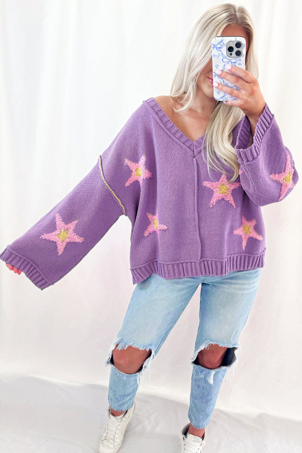 Lavendula Brushed Star Graphic V Neck Drop Shoulder Oversize Sweater Sweaters JT's Designer Fashion