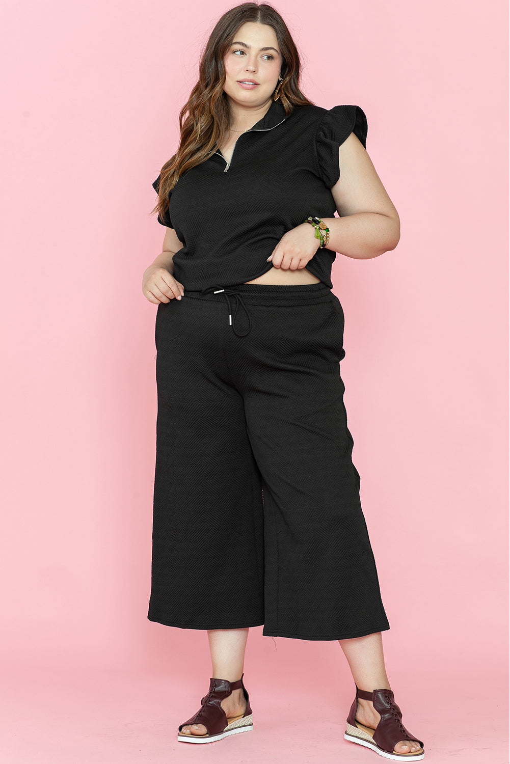 Black Plus Ruffled Sleeve Quarter Zip Top Wide Leg Pants Set Plus Size Bottoms JT's Designer Fashion