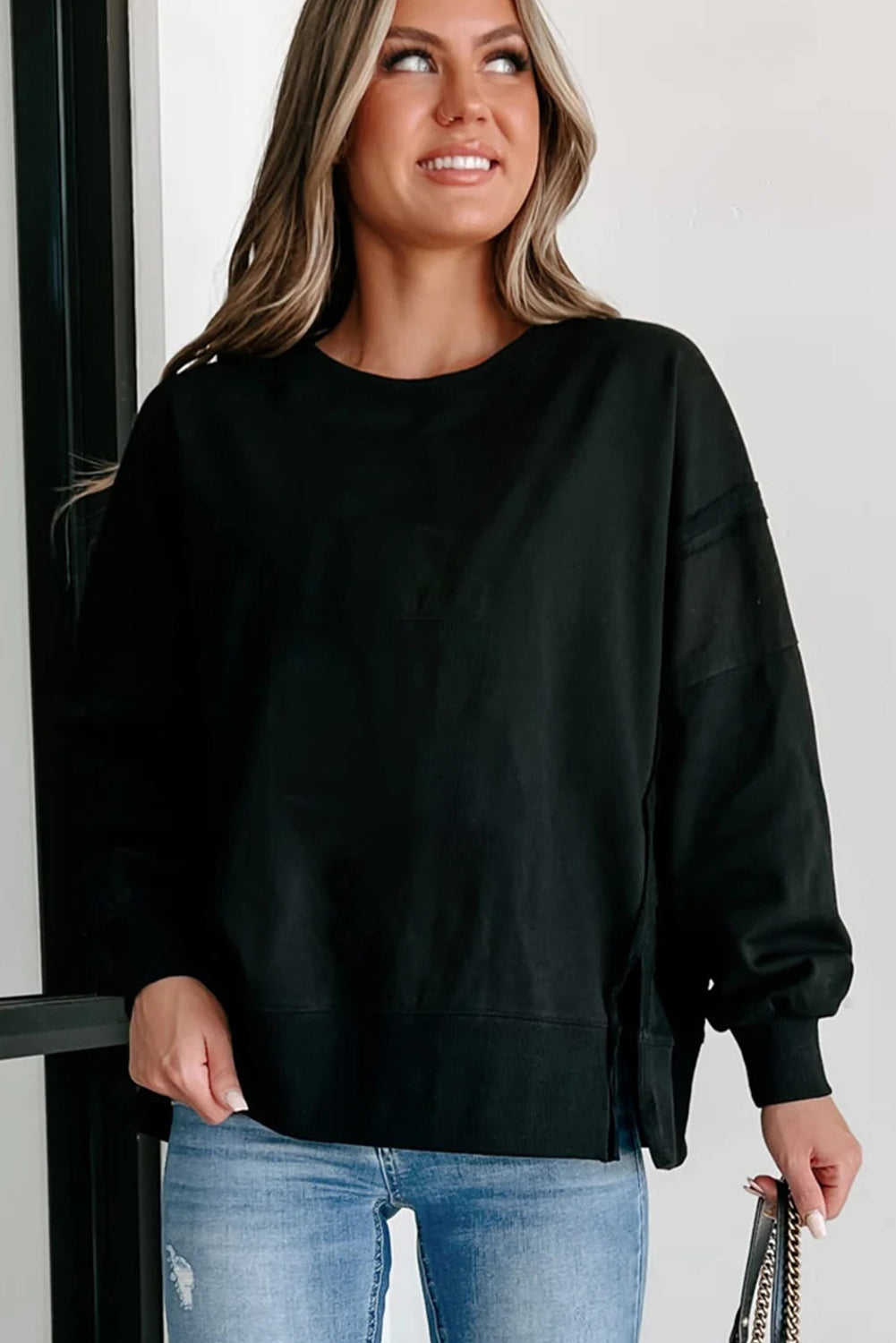 Black Exposed Seam Drop Shoulder Round Neck Sweatshirt with Slits Sweatshirts & Hoodies JT's Designer Fashion