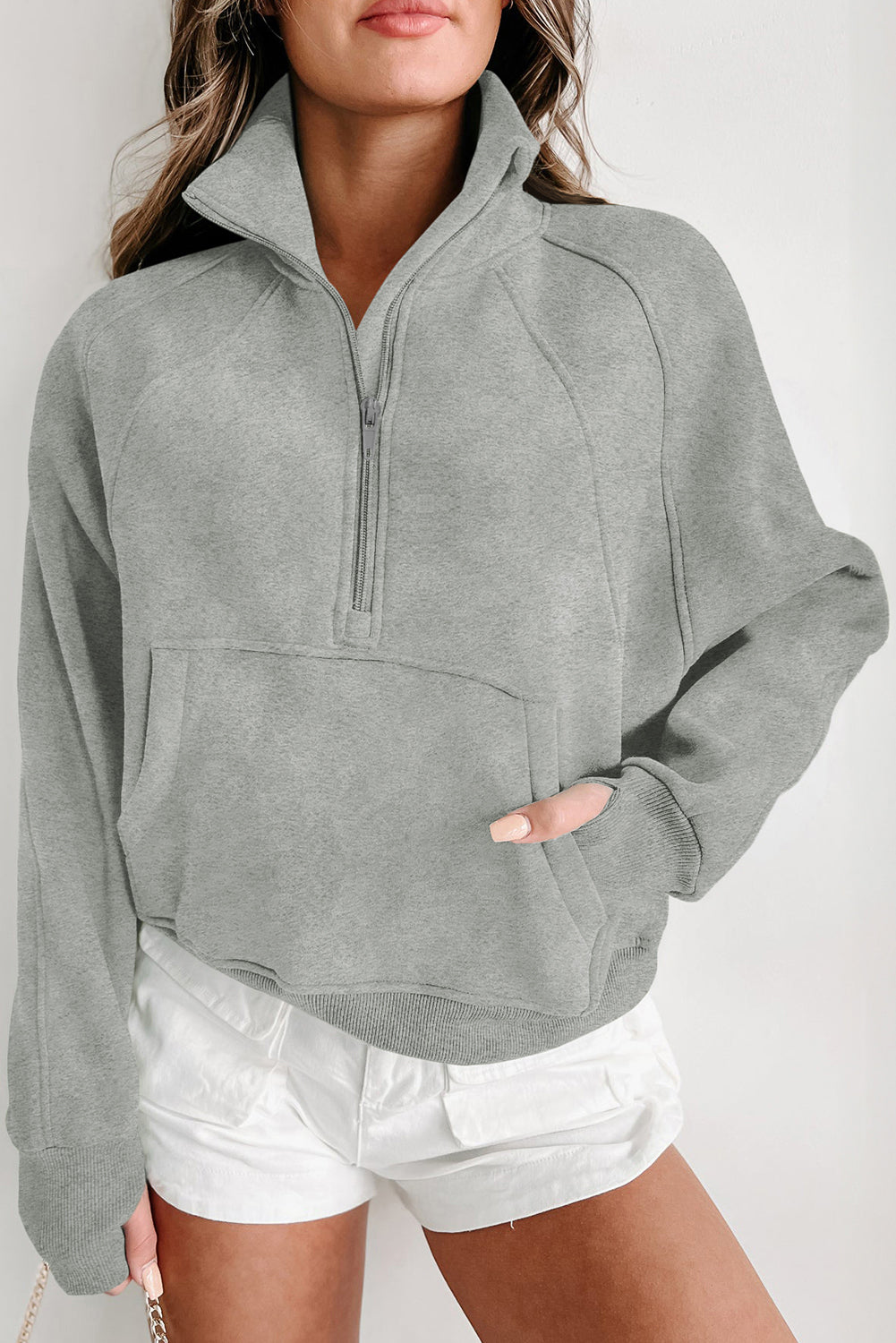 Light Grey Quarter Zip Stand Neck Kangaroo Pocket Sweatshirt Sweatshirts & Hoodies JT's Designer Fashion