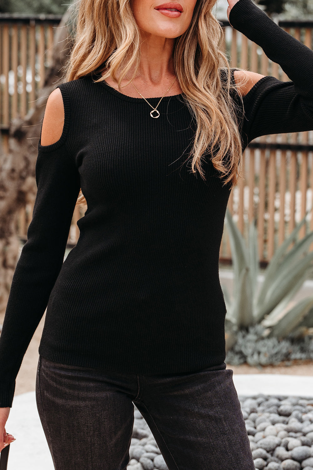 Black Ribbed Knit Cold Shoulder Sweater Sweaters JT's Designer Fashion