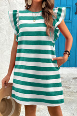 Green Stripe Flutter Sleeve Round Neck Shift Dress Mini Dresses JT's Designer Fashion