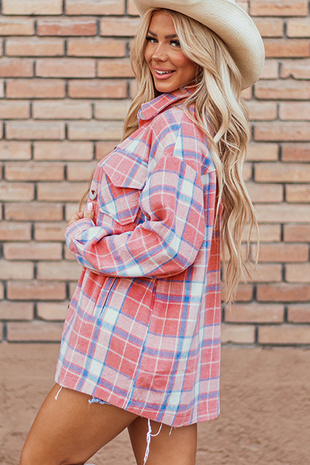 Pink Plaid Flap Pocket Button Up Shacket Plaid Shackets JT's Designer Fashion