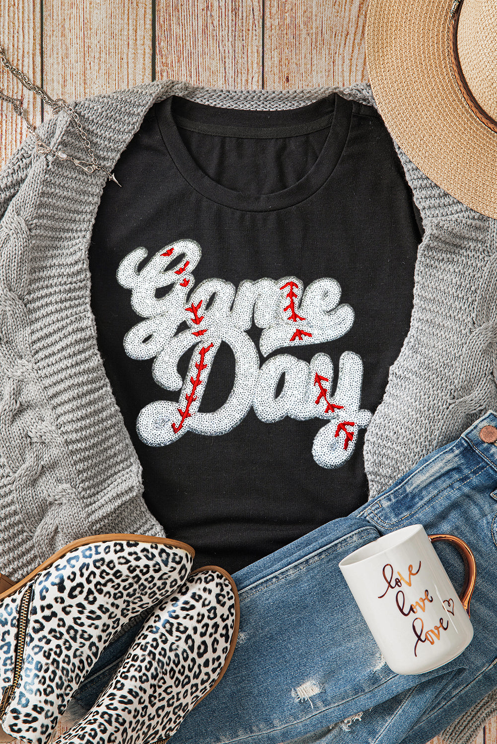 Black Sequin Game Day Graphic Crew Neck Tee Graphic Tees JT's Designer Fashion