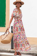 Red Floral Short Sleeve V Neck High Waist Maxi Dress Floral Dresses JT's Designer Fashion