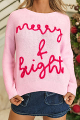 Pink Merry & Bright Pop Up Letter Waffle Knit Sweater Sweaters JT's Designer Fashion