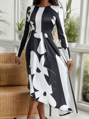 Asymmetrical Slit Round Neck Long Sleeve Midi Dress Midi Dresses JT's Designer Fashion