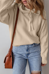 Beige Solid Color Drawstring Hooded Drop Shoulder Pullover Sweater Sweaters JT's Designer Fashion