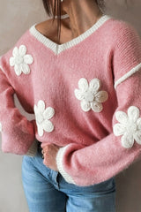 Pink Flower V Neck Dropped Shoulder Sweater Sweaters JT's Designer Fashion